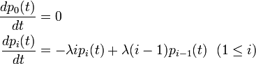  
\begin{align}
\frac{d p_0(t)}{dt} &= 0 \\
\frac{d p_i(t)}{dt} &= - \lambda i p_i(t) + \lambda (i-1) p_{i-1}(t) \ \ (1\leq i)
\end{align}
