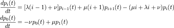  
\begin{align}
\frac{d p_i(t)}{dt} &= [\lambda(i-1) + \nu] p_{i-1}(t) + \mu (i+1) p_{i+1}(t) - (\mu i + \lambda i + \nu) p_i(t)\\
\frac{d p_0(t)}{dt} &= - \nu p_0(t) + \mu p_1(t)
\end{align}

