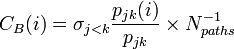 C_B(i)=\sigma_{j<k}\frac{p_{jk}(i)}{p_{jk}} \times N_{paths}^{-1}