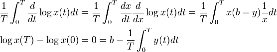 \begin{align}
\frac{1}{T}\int^T_0 \frac{d}{dt} \log x(t) dt &= \frac{1}{T}\int^T_0 \frac{dx}{dt} \frac{d}{dx} \log x(t) dt = \frac{1}{T}\int^T_0 x (b - y) \frac{1}{x} dt \\
\log x(T) - \log x(0) &= 0 = b - \frac{1}{T}\int^T_0 y(t) dt
\end{align}