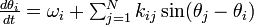 
\textstyle
\frac{d\theta_i}{dt} = \omega_i + \sum^N_{j=1}k_{ij}\sin(\theta_j - \theta_i)
