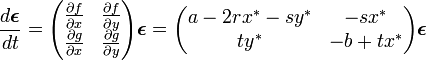 
\frac{d \boldsymbol{\epsilon}}{dt} =\begin{pmatrix}
 \frac{\partial f}{\partial x} & \frac{\partial f}{\partial y} \\
 \frac{\partial g}{\partial x} & \frac{\partial g}{\partial y}
\end{pmatrix} \boldsymbol{\epsilon} =
\begin{pmatrix}
 a - 2rx^* - sy^* & -sx^* \\
 ty^* & -b + tx^*
\end{pmatrix} \boldsymbol{\epsilon} 
