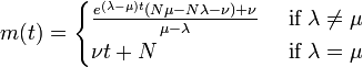 
m(t) =
\begin{cases}
\frac{e^{(\lambda - \mu)t} (N \mu - N \lambda - \nu) + \nu}{\mu - \lambda} & \mbox{ if } \lambda \neq \mu \\
\nu t + N & \mbox{ if } \lambda = \mu \\
\end{cases}
