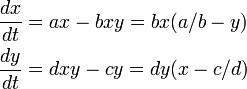 \begin{align}
\frac{dx}{dt} &= ax - bxy = bx (a/b - y)\\
\frac{dy}{dt} &= dxy - cy = dy (x - c/d)
\end{align}