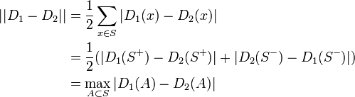 \textstyle
\begin{align}
||D_1 - D_2|| &= \frac{1}{2}\sum_{x \in S} | D_1(x) - D_2(x) | \\
&= \frac{1}{2}( | D_1(S^+) - D_2(S^+) | + | D_2(S^-) - D_1(S^-) | ) \\
&= \max_{A \subset S} | D_1(A) - D_2(A) |
\end{align}
