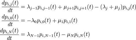 
\begin{align}
\frac{d p_{i,j}(t)}{d t} &= \lambda_{j-1} p_{i,j-1}(t) +
\mu_{j+1} p_{i,j+1}(t) - (\lambda_j + \mu_j) p_{i,j}(t) \\
\frac{d p_{i,0}(t)}{d t} &= - \lambda_0 p_{i,0}(t) + \mu_{1} p_{i,1}(t) \\
\frac{d p_{i,N}(t)}{d t} &= \lambda_{N-1} p_{i,N-1}(t) - \mu_{N} p_{i,N}(t) 
\end{align}
