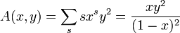 A(x,y) = \sum_s s x^s y^2 = \frac{xy^2}{(1-x)^2}